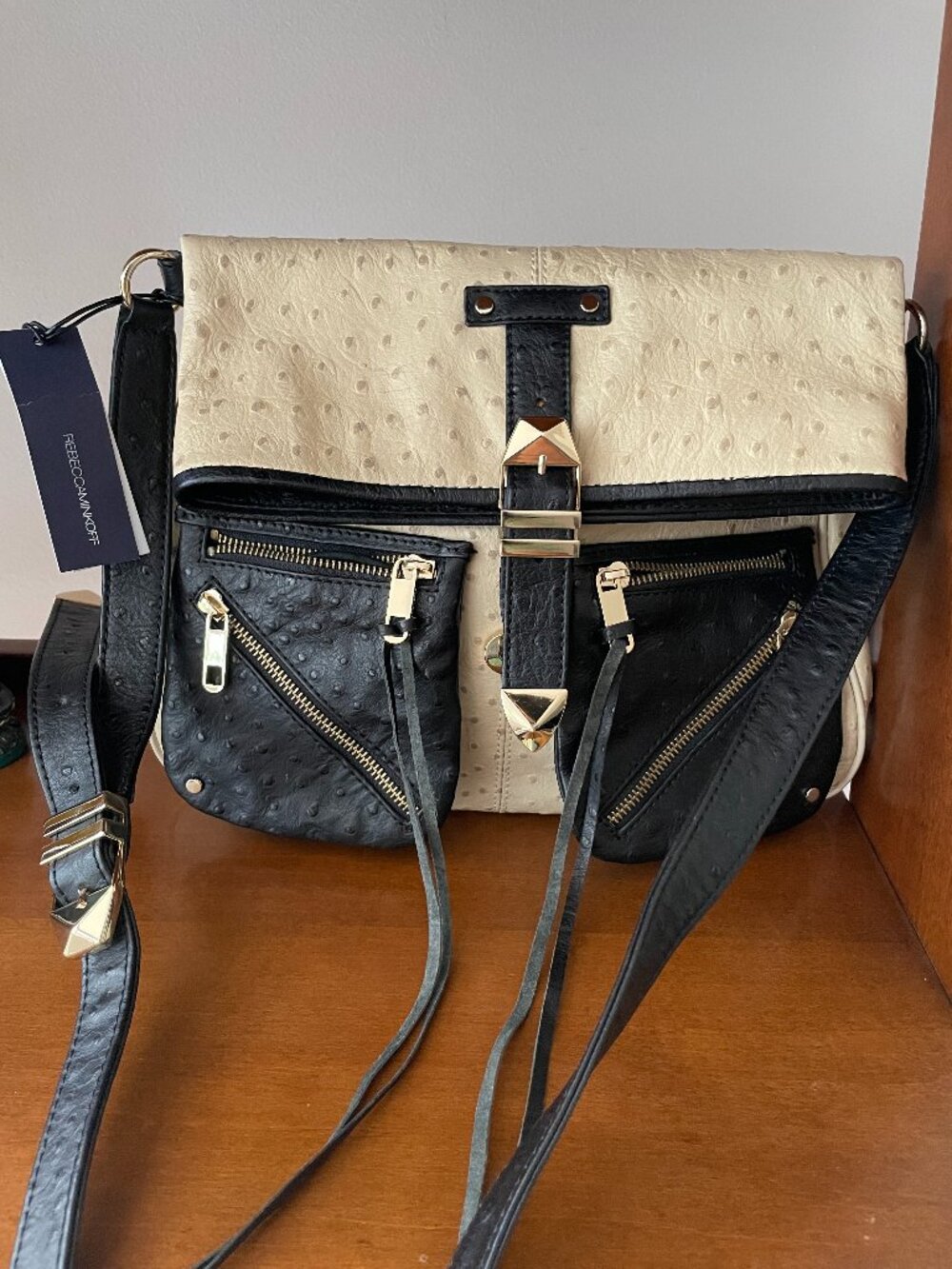 Rebecca Minkoff Main Squeeze Nude Black Ostrich Leather Foldover Bag